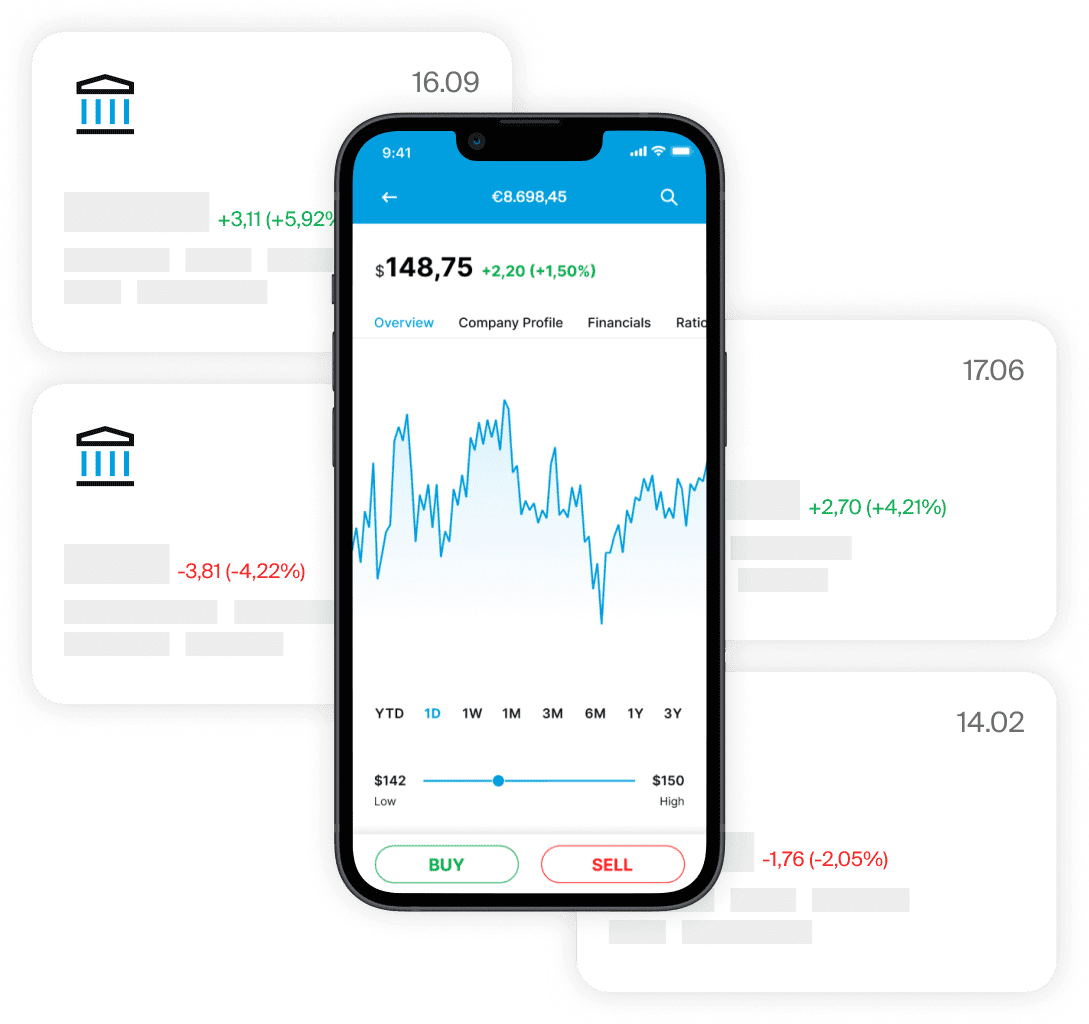 Smartphone displaying EXDEGIRO app stock chart with financial institution icons and market data panels