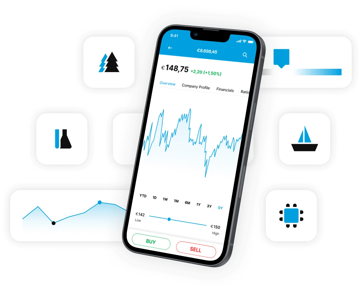 Smartphone displaying EXDegiro app stock chart with buy and sell buttons.