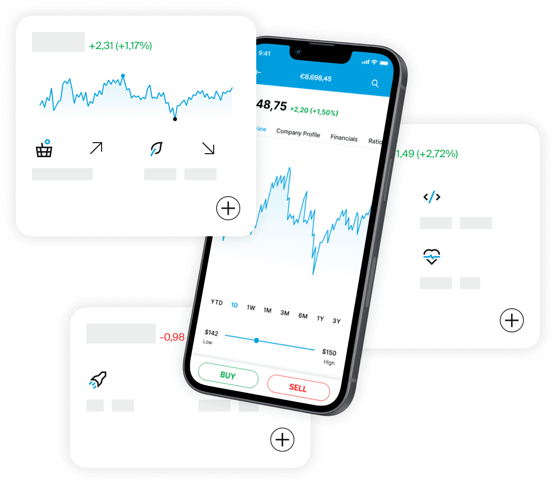 Smartphone showing EXDEGIRO app stock chart with floating market data panels and icons