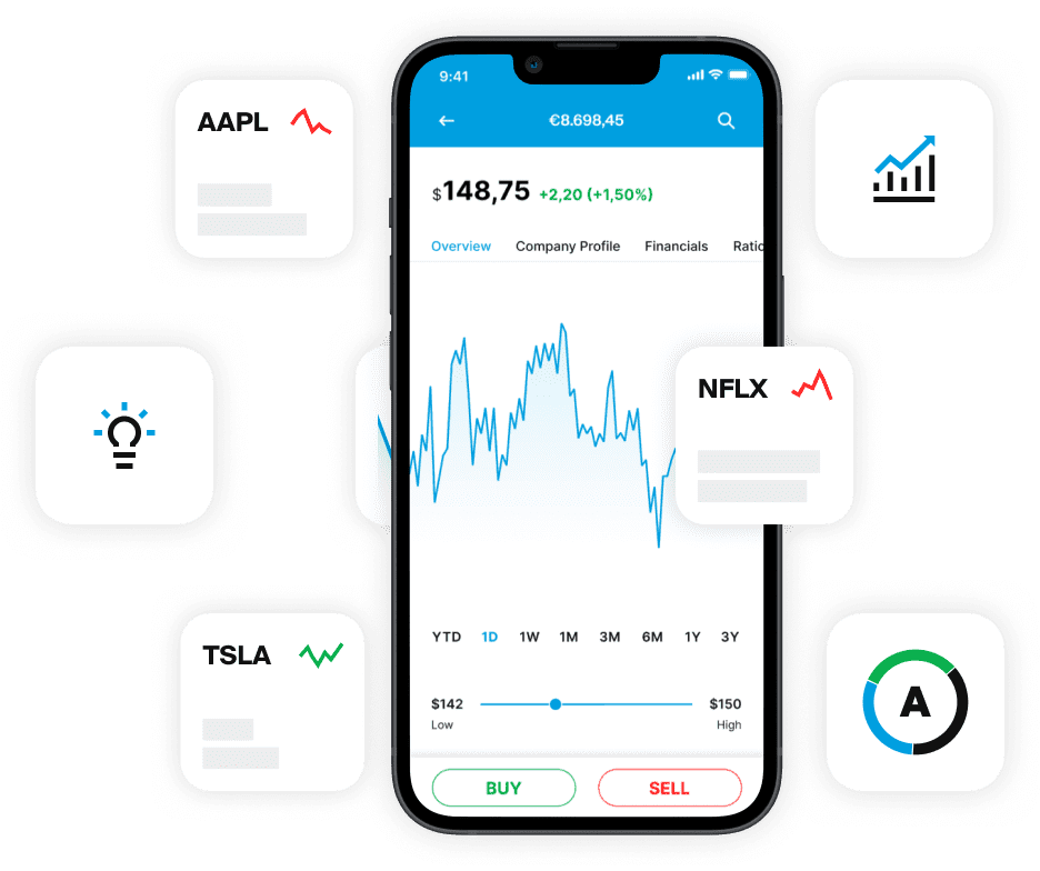 Smartphone showing EXDEGIRO app stock chart with AAPL, TSLA, and NFLX icons around it