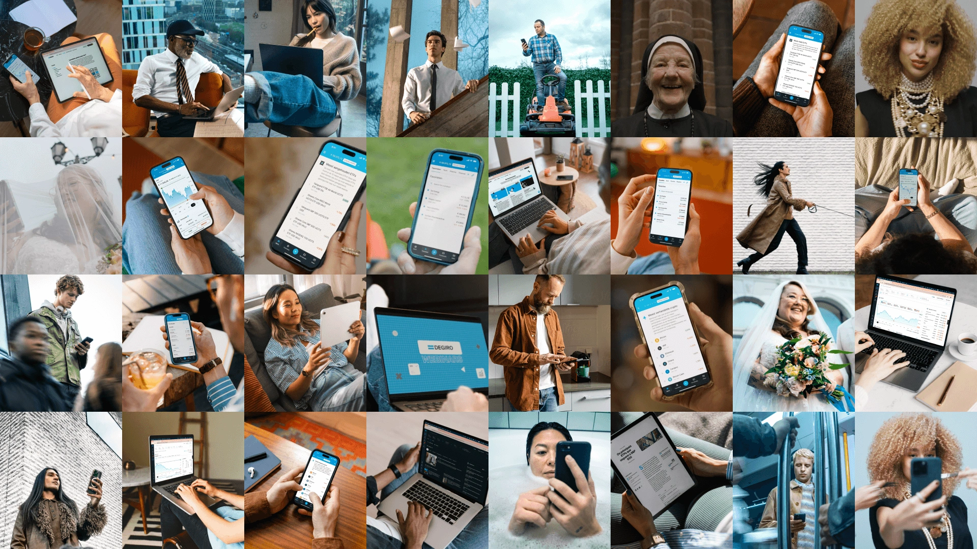 Collage of people using smartphones, tablets, and laptops with EXDEGIRO investing platform.