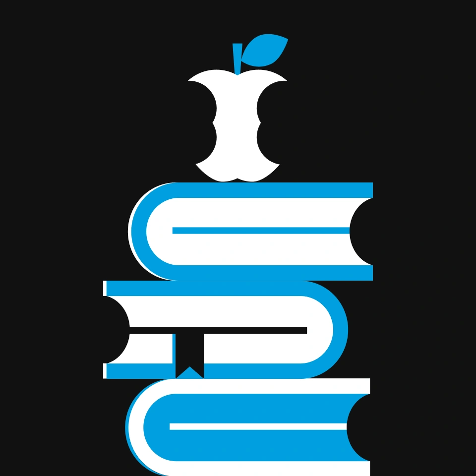 Stylised stack of books with apple on top representing EXDEGIRO Academy education resources