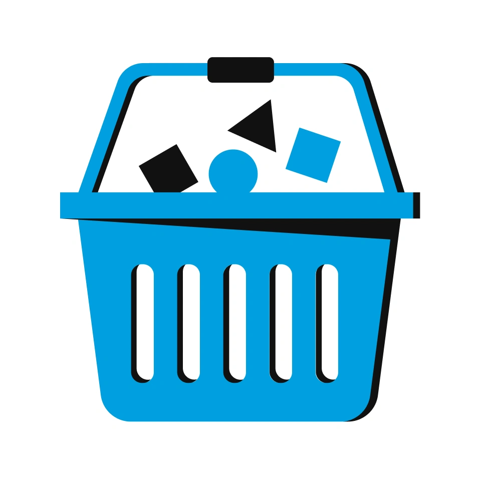 Shopping basket icon with geometric shapes inside representing a collection of items