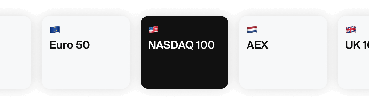 Stock market index tiles showing Euro 50, NASDAQ 100, AEX, and UK index