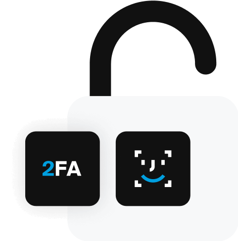Unlocked padlock icon with two-factor authentication and face recognition symbols