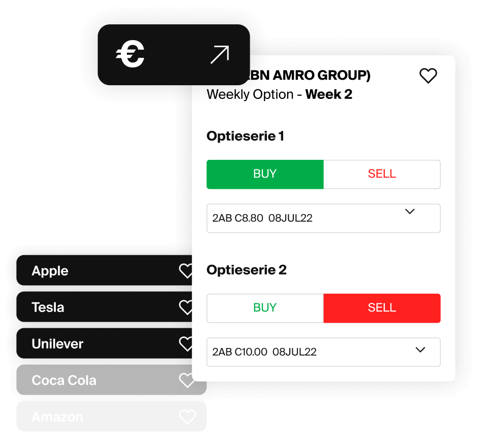 Options trading interface showing buy and sell buttons with stock watchlist.