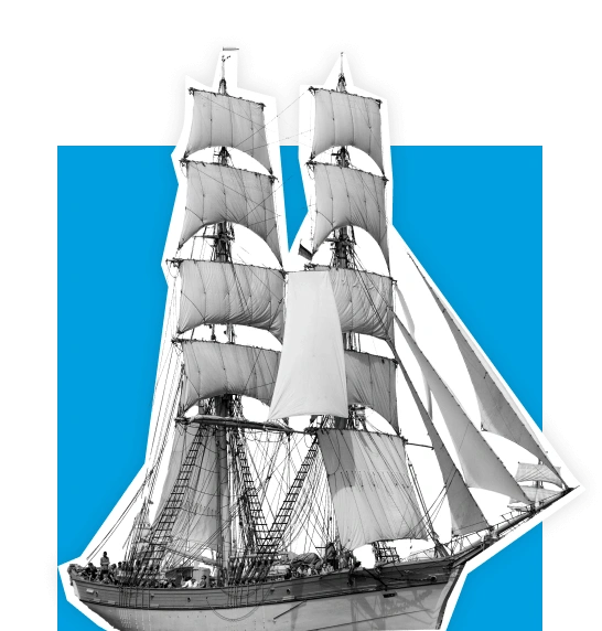 Historic sailing ship with multiple masts and sails on blue background.