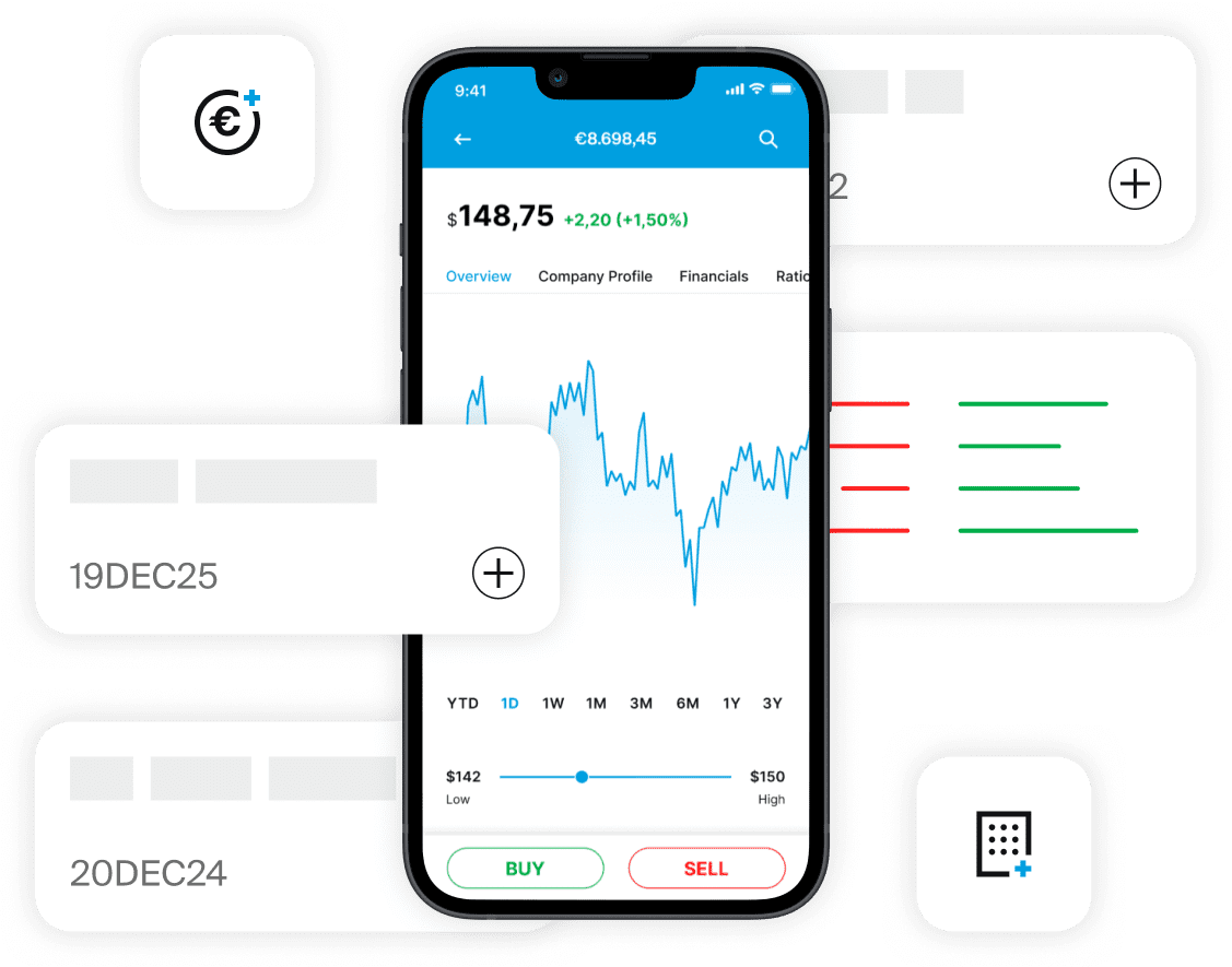 Smartphone zobrazující graf akcií v aplikaci EXDEGIRO s možnostmi objednávek a finančními ikonami.