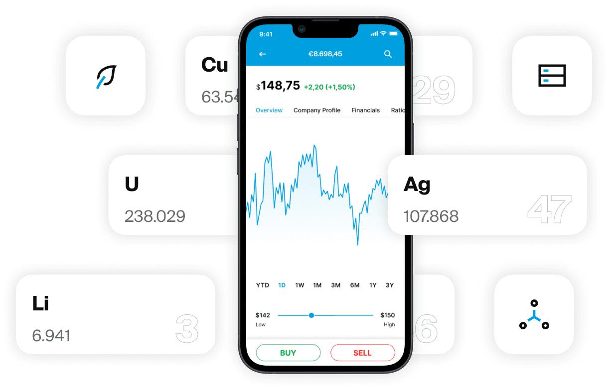 Smartphone che mostra il grafico delle azioni nell'app EXDEGIRO con simboli di materie prime come Ag, Cu, Li e U.