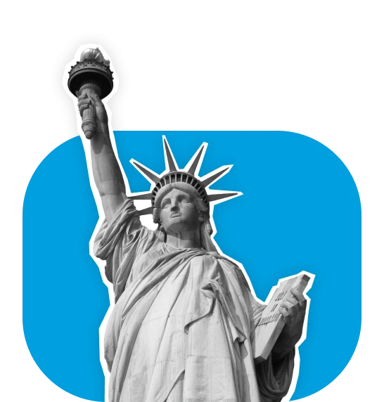 Estatua de la Libertad sosteniendo antorcha y tablilla con fondo azul